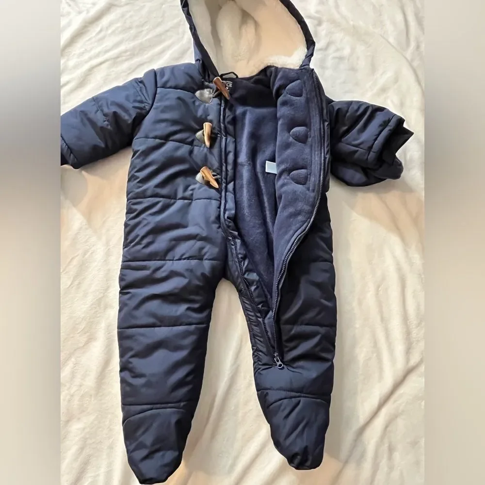 Children’s Place Navy Blue Infant Baby One Piece Snowsuit & Mittens 6-9 Months